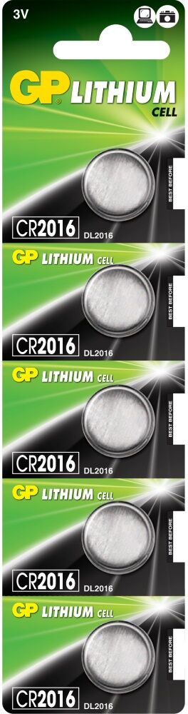 GP Batteries GP Lithium CR2016 Batteries 3 Volt Pack of 5 CR2016-C5