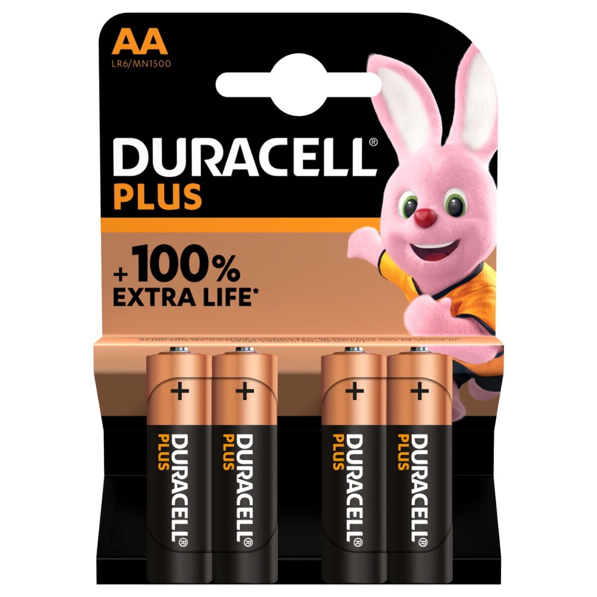 Duracell Plus AA Batteries 100% Extra Life MN1500 LR6 1.5V 4-Pack