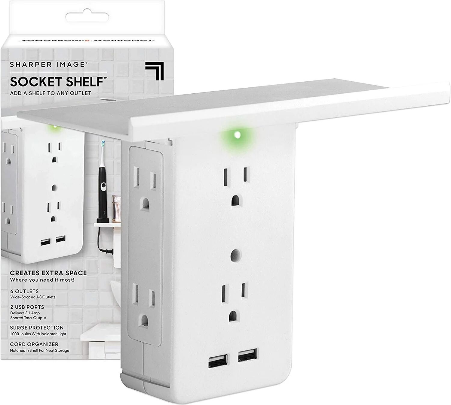 DailySale Socket Shelf 8 Port Surge Protector Wall Outlet, 6 Electrical Outlet Extenders, 2 USB Charging Ports