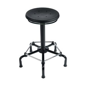 PROREGAL Drehhocker Atlanta, Sitzhöhe 56-75cm, Tragfähigkeit 110kg, Polyurethane-Sitz, Kunststof-Fußkreuz, Gleiter, Fußstütze, Ringauslösung, Schwarz