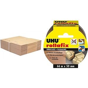 IDMENAGE Lot de 10 boites en 40x30x27 cm pour déménager, envoyer, ou stocker. Cartons haute résistance 20 kg avec poignées intégrées & UHU Rollafix Ruban adhésif d'emballage brun, 66m x 50mm - Publicité