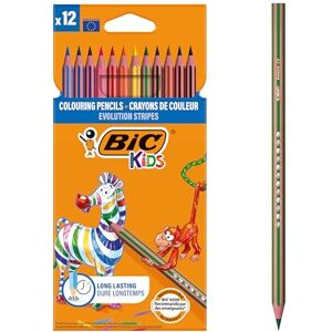 BIC Kids Evolution Stripes Crayons de Couleur Enfant, Couleurs vives et intenses, Idéal pour dessiner et colorier Couleurs assorties, Lot de 12 - Publicité