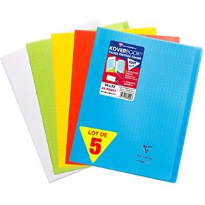 Clairefontaine 984450AMZC Lot de 5 Cahiers Agrafés Koverbook 24x32 cm 48 Pages Grands Carreaux Papier Blanc 90 g Couverture Polypro (Bleu, Vert, Rouge, Jaune, Incolore) - Publicité