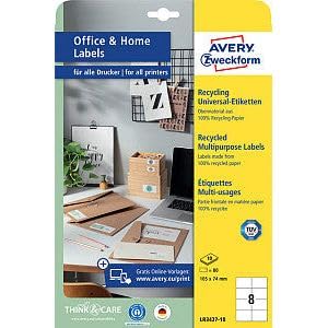 Avery LR3427-10 Lot de 10 feuilles d'étiquettes recyclées (80 étiquettes d'adresse) 105 x 74 mm sur A4 Papier recyclé recyclé recyclé - Publicité