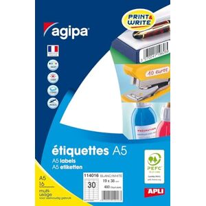 Agipa Lot de 5 Etuis A5 ( 16F ) de 480 étiquettes multi-usage Permanentes 19 x 38 mm Blanc - Publicité