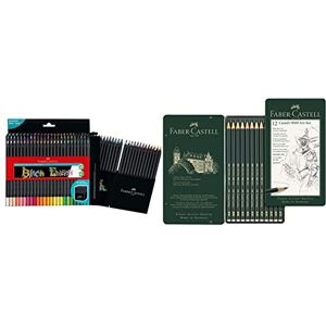 Faber-Castell 116450 Étui en carton support 50 crayons de couleur BLACK EDITION. & 119065 Set Art de 12 crayons graphite CASTELL 9000 - Publicité