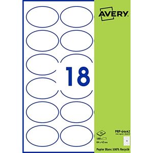 Avery Pochette De 180 Étiquettes Autocollants Ovales, Papier Blanc Recyclé, Format 64X42 mm, Personnalisables Et Imprimables Laser, Jet D'Encre Et Copieur (PRP-64X42.Fr) - Publicité