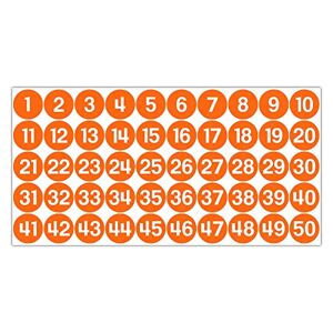 GamesMonkey ® Étiquettes Chiffres Autocollants Cercles Orange de 1 à 50 (50-500 2500 pièces)(10-25 mm) Vinyle Inventaire (10 mm 1,0 cm, 50 pièces 1 feuille) - Publicité