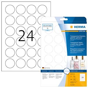 HERMA 8023 Lot de 600 étiquettes autocollantes en film transparent, 24 étiquettes par feuille A4, 25 feuilles, Ø 40 mm, étiquettes rondes vierges résistantes aux intempéries, pour imprimante laser et - Publicité
