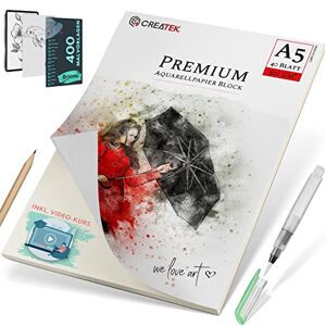 CreaTek Lot de 40 feuilles de papier pour aquarelle Format A5 300 g Avec pinceaux et illustrations gratuits - Publicité