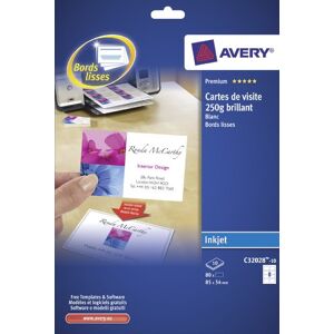 Avery C32028-10 80 cartes de visite à bords lisses Recto Brillant/Verso aspect mat 250 g/m² pour imprimantes jet d'encre 85 x 54 mm - Publicité