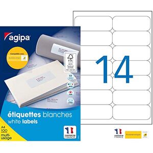 Agipa – 118986 Boite Étiquettes Adhésives Blanches Multi–Usages Coins Arrondis – Certifié FSC – Anti-bourrage 99,1 x 38,1 mm – 1400 Étiquettes 100 feuilles A4 multi usages - Publicité