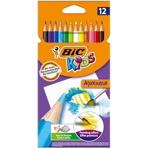 BIC Kids Aquacouleur Crayons de Couleur Aquarellables pour Effet Peinture Coloris Assortis, Etui Carton de 12 - Publicité