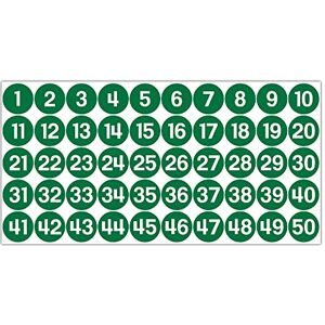 GamesMonkey ® Étiquettes Chiffres Autocollants Cercles Vert de 1 à 50 (50-500 2500 pièces)(10-25 mm) Vinyle Imperméable Inventaires Consécutifs (10 mm 1,0 cm, 50 pièces 1 feuille) - Publicité