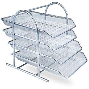 NANANA Corbeille à Courrier 4 Étages en Maille Métallique Bannette de Rangement Bureau Superposable Porte-magazines pour Organisateur des Papiers et Documents, Plateaux Coulissants, Maille Métallique,Argent - Publicité