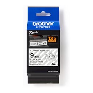 Brother TZES121 TABLE SUPER ADHESIVE ORIGINAL - Texte noir sur Fonds transparent - Largeur 9 mm x 8 mètres - Publicité