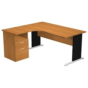 Pack Bureau d'angle compact retour à gauche Pronto Bois - L.160 x P.100 cm - Plateau Aulne - Pieds L Noir + Caisson hauteur bureau