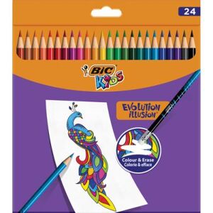 Crayons de couleur Bic Kids Evolution Illusion - corps rond assortis - pochette de 24 - effaçable bout gomme - Publicité