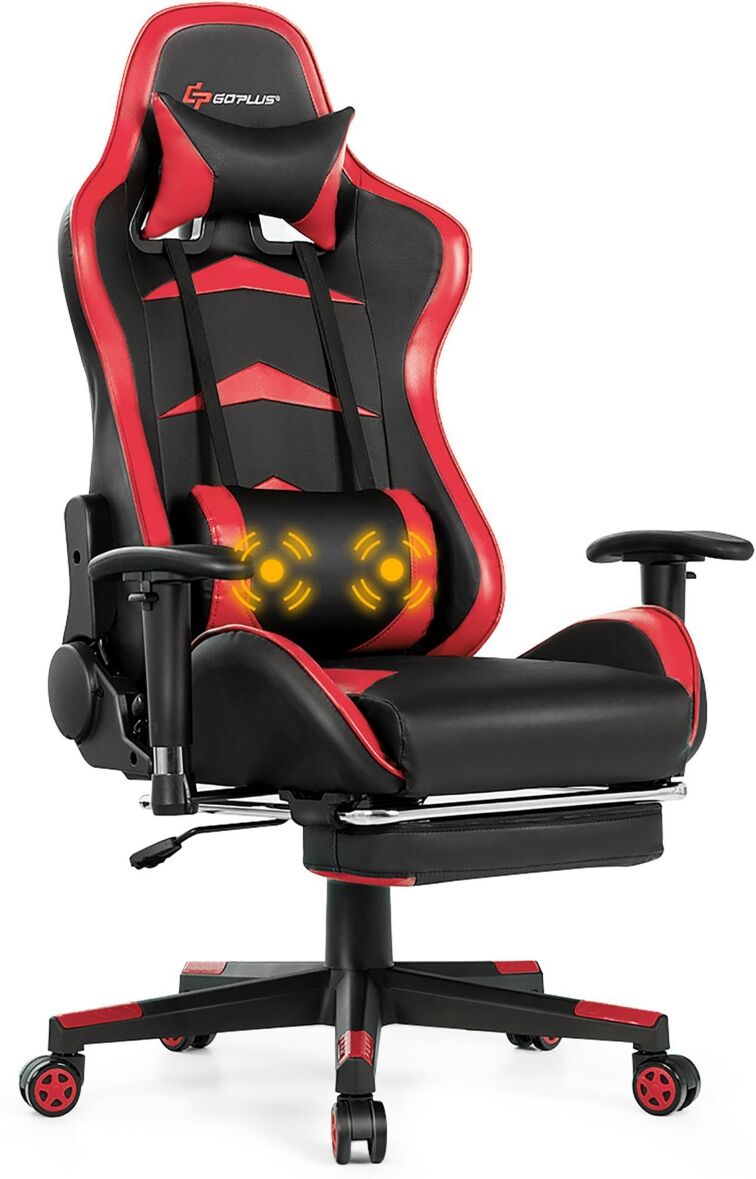 Costway Massage Gaming Chair Reclining Swivel Racing Office Chair - Red