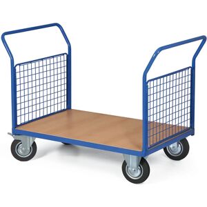 B2B Partner Plattformwagen mit 2 Gitterwänden, 1000 x 700 mm, Tragfähigkeit 200 kg, Rollen 125 mm, schwarzer Gummi