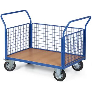 B2B Partner Plattformwagen mit 3 Gitterwänden, 1200 x 800 mm, Tragfähigkeit 500 kg, Rollen 200 mm, schwarzer Gummi