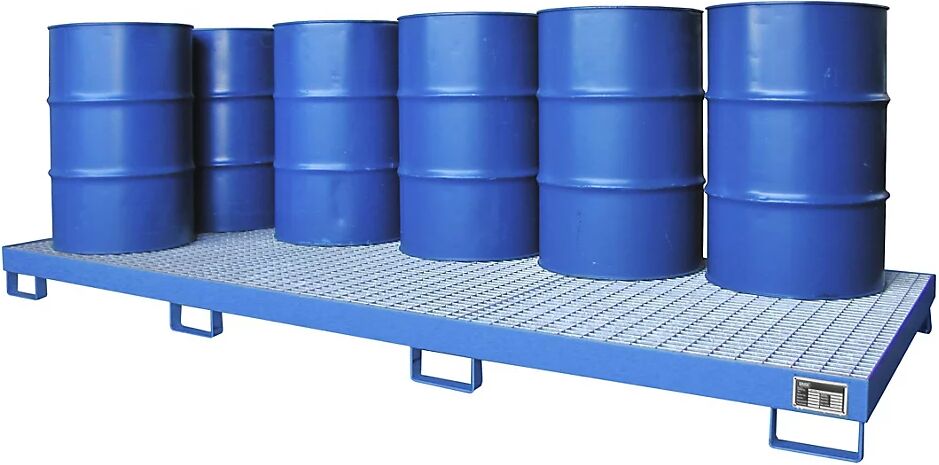 eurokraft pro Cubeta colectora de acero, capacidad de recogida 240 l, para 10 bidones de 200 l, azul