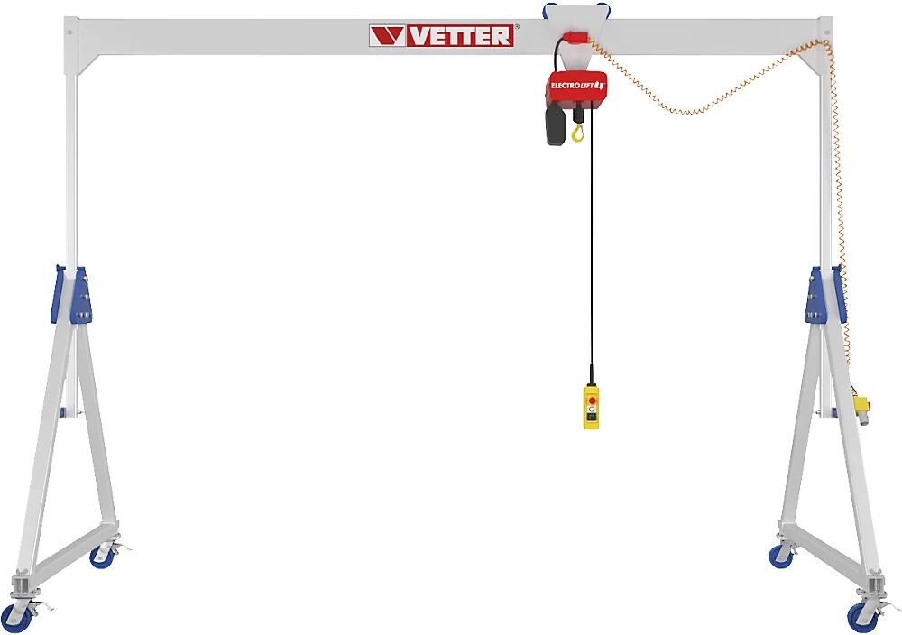 Vetter Grúa portal de aluminio ALU1, con polipasto eléctrico de cadena BA, carga máx. 500 kg, altura de suspensión 2170 - 3020 mm