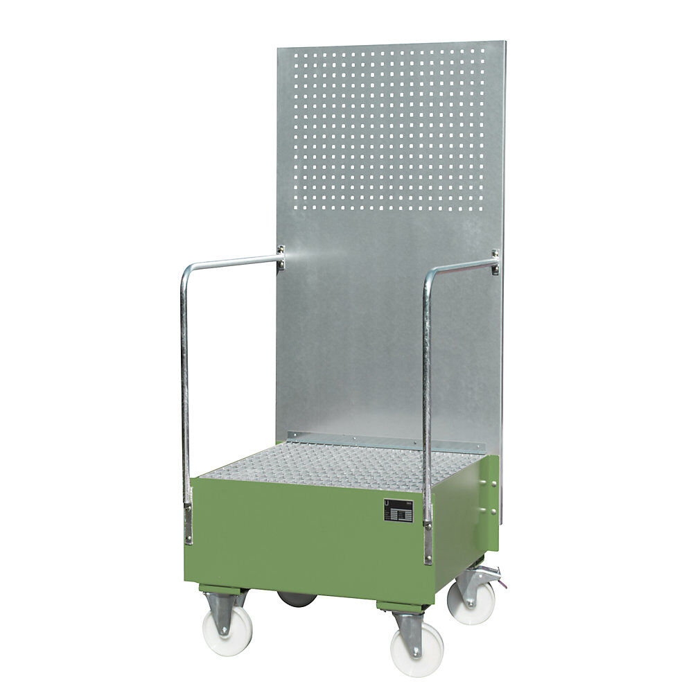 eurokraft pro Cubeta colectora rodante con pared de placas perforadas, 1 bidón de 200 l de pie, L x A x H 870 x 890 x 2110 mm, verde reseda