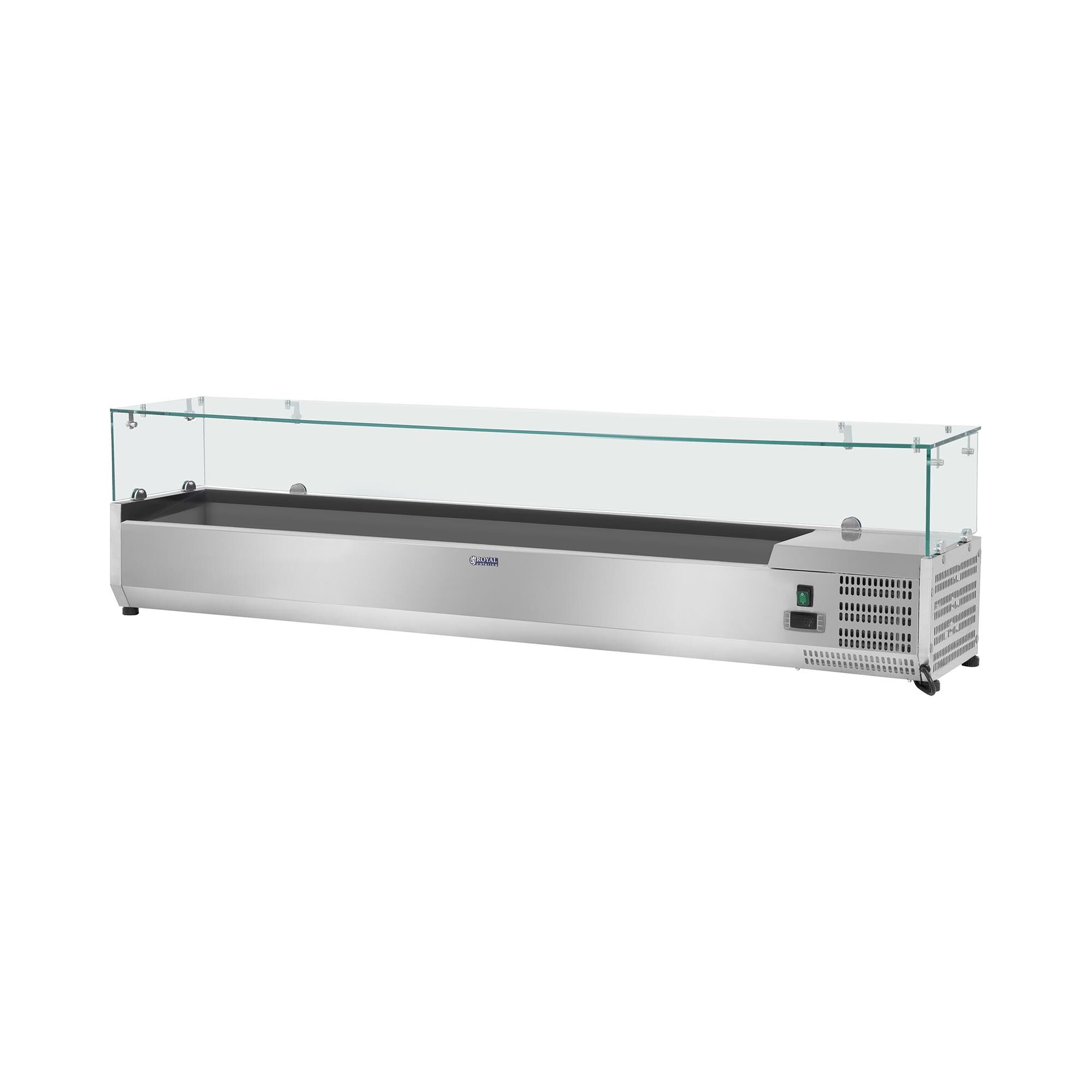 Royal Catering Countertop Refrigerated Display Case - 200 x 39 cm - 9 GN 1/3 Containers - Glass Cover