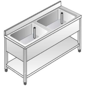 ACA Sistemi Lavello Acciaio Inox AISI 304 2 Vasche Dim. 140x60x85 cm con Alzatina