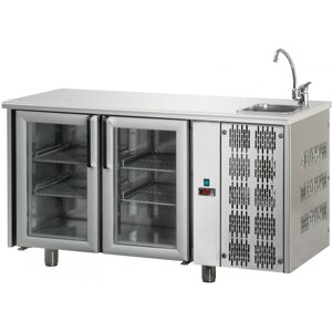 Tecnodom Tavolo Refrigerato 2 Porte GN 1/1 in Vetro con Lavello Destro Cm 142 x 70 x 115