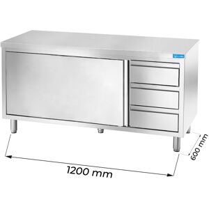 Tavolo armadiato in acciaio inox con 3 cassetti verticali a destra senza alzatina L1200xP600xH850 mm linea premium