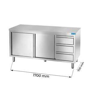 Tavolo armadiato in acciaio inox con 3 cassetti verticali a destra senza alzatina L1700xP700xH850 mm linea premium