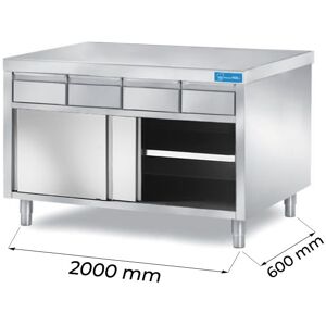 Tavolo armadiato in acciaio inox con 4 cassetti orizzontali senza alzatina L2000xP600xH850 mm linea basic