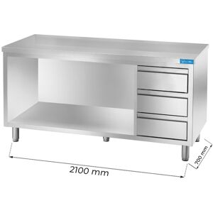 Tavolo a giorno in acciaio inox con 3 cassetti verticali a destra senza alzatina L2100xP700xH850 mm linea premium