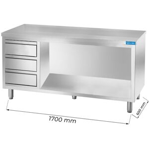 Tavolo a giorno in acciaio inox con 3 cassetti verticali a sinistra senza alzatina L1700xP600xH850 mm linea premium