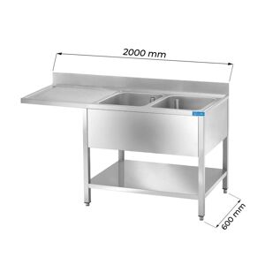 Lavello aperto in acciaio inox con vano per lavastoviglie con 2 vasche e gocciolatoio a sinistra L2000xP600xH850 mm linea premium