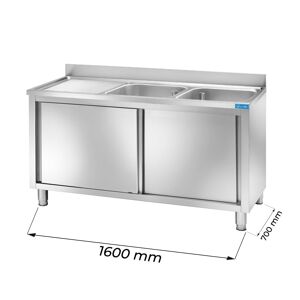 Lavello armadiato in acciaio inox con 2 vasche e gocciolatoio a sinistra L1600xP700xH850 mm linea basic