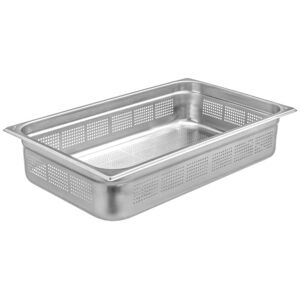 Bacinella in acciaio inox formato GN 1/1 con fondo e lati forati altezza 65 mm