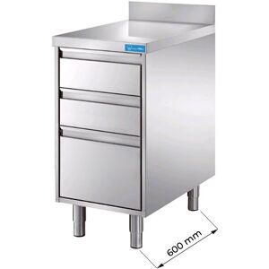 Cassettiera in acciaio inox con 2 cassetti + 1 cassettone e top di lavoro con alzatina L500xP600xH850 mm linea basic