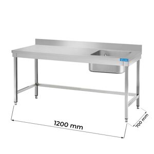 Tavolo aperto in acciaio inox con vasca a destra senza ripiano con alzatina L1200xP700xH850 mm linea basic