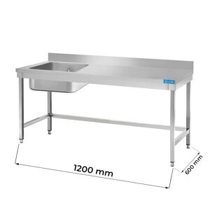 Tavolo aperto in acciaio inox con vasca a sinistra senza ripiano con alzatina L1200xP600xH850 mm linea basic
