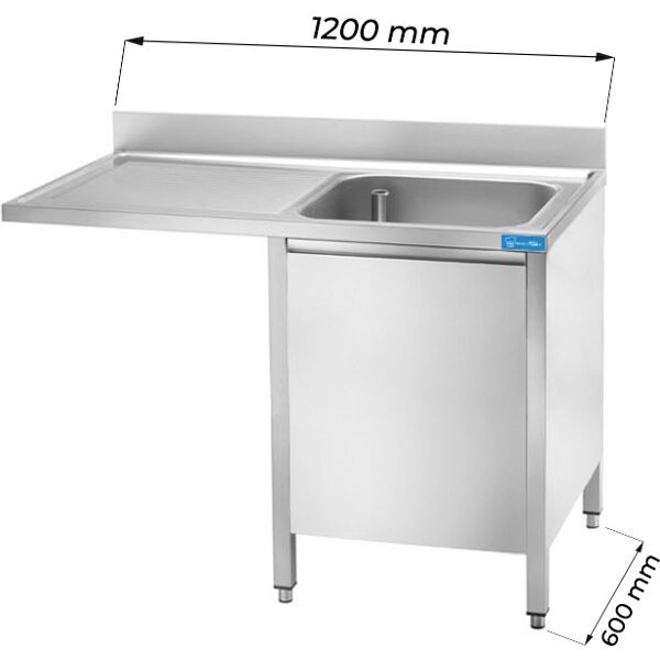 lavello armadiato in acciaio inox con vano per lavastoviglie con 1 vasca e gocciolatoio a sinistra l1200xp600xh850 mm linea premium