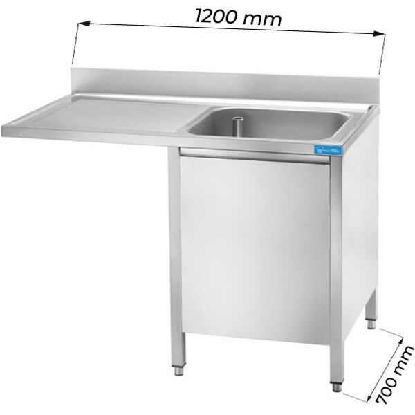 lavello armadiato in acciaio inox con vano per lavastoviglie con 1 vasca e gocciolatoio a sinistra l1200xp700xh850 mm linea premium