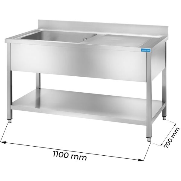 lavello aperto in acciaio inox con 1 vasca e gocciolatoio a destra l1100xp700xh850 mm linea premium