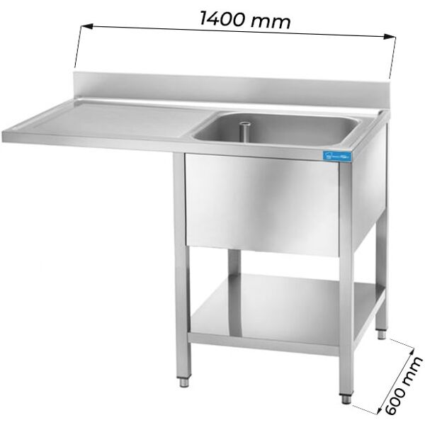 lavello aperto in acciaio inox con vano per lavastoviglie con 1 vasca e gocciolatoio a sinistra l1400xp600xh850 mm linea premium