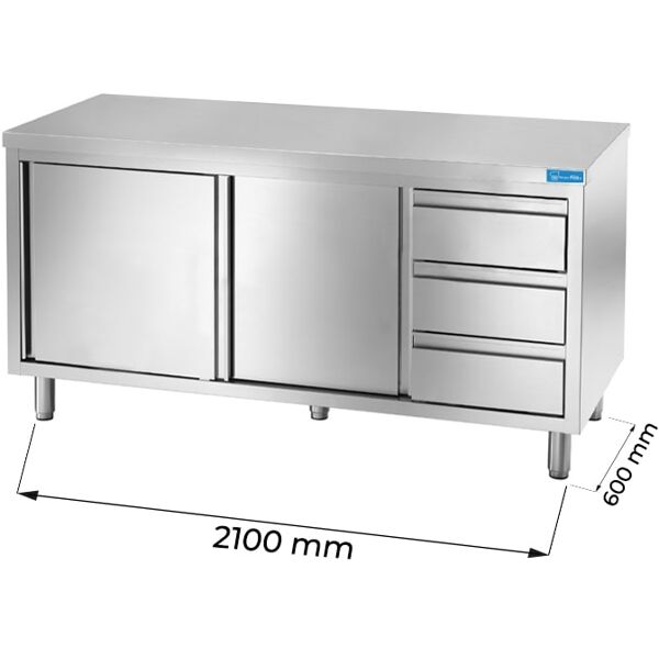 tavolo armadiato in acciaio inox con 3 cassetti verticali a destra senza alzatina l2100xp600xh850 mm linea premium