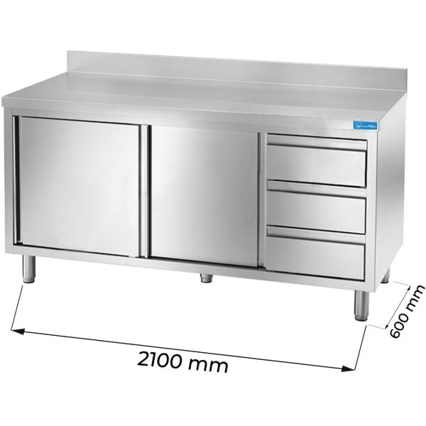 tavolo armadiato in acciaio inox con 3 cassetti verticali a destra con alzatina l2100xp600xh850 mm linea premium