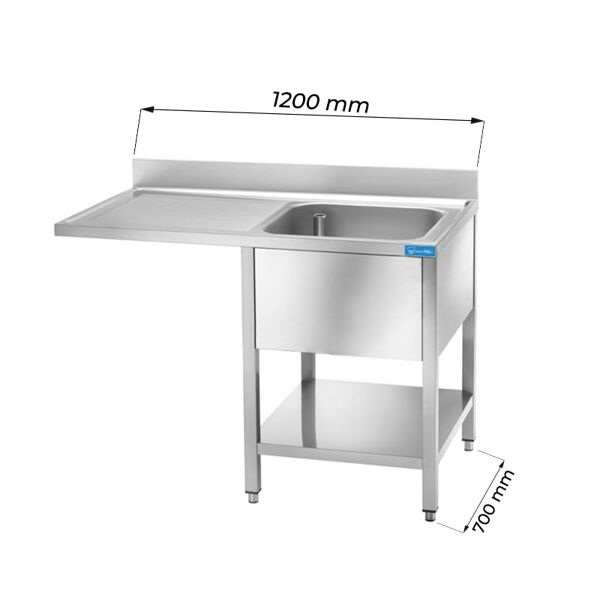 lavello aperto in acciaio inox con vano per lavastoviglie con 1 vasca e gocciolatoio a sinistra l1200xp700xh850 mm linea premium