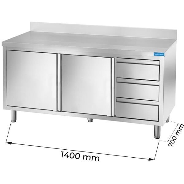 tavolo armadiato in acciaio inox con 3 cassetti verticali a destra con alzatina l1400xp700xh850 mm linea basic